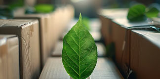 feuille d'arbre sur des cartons de livraison e-commerce, impact environnemental